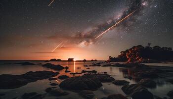 Milky Way galaxy shines bright in tranquil star filled landscape generated by AI photo