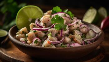 Fresco gastrónomo ensalada cuenco con mariscos, cebolla, Lima, y cilantro generado por ai foto