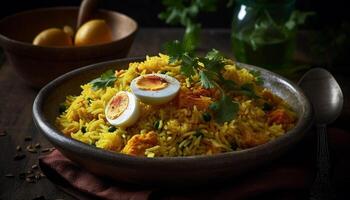 Freshly cooked saffron rice with vegetables and herbs in bowl generated by AI photo