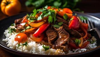 Gourmet meal with grilled beef steak, fresh vegetables and rice generated by AI photo