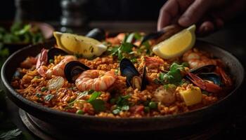 gastrónomo Mariscos paella con langostinos, mejillones, y azafrán arroz generado por ai foto