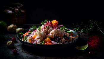 Fresh gourmet meal healthy meat and vegetable bowl on wooden table generated by AI photo