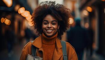 One young woman smiling outdoors, looking at camera with confidence generated by AI photo