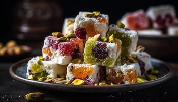 Sweet berry plate indulgence, a gourmet temptation for healthy eating generated by AI photo