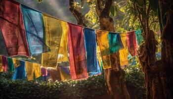 Hanging clothesline of vibrant textiles in nature colorful forest generated by AI photo