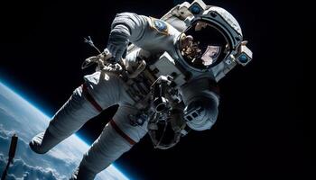 Futuristic astronaut in space suit explores galaxy with flying robot generated by AI photo