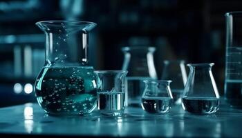 Transparent beaker holds blue liquid for scientific experiment in laboratory generated by AI photo