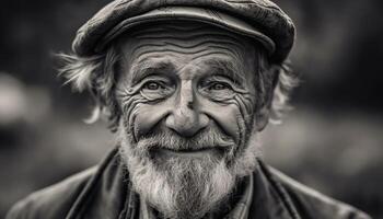 sonriente mayor hombre con gris pelo y barba al aire libre generado por ai foto