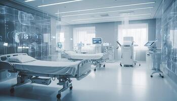 Modern hospital ward with futuristic equipment and illuminated machinery generated by AI photo