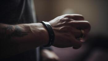 One man holding watch, working indoors with selective focus generated by AI photo