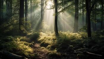 misterioso bosque, tranquilo escena, escalofriante belleza en naturaleza fantasía generado por ai foto