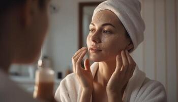 Young woman applying moisturizer, enjoying sensuality and healthy lifestyle generated by AI photo