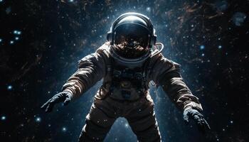 One person, astronaut, looking at camera, space suit, adventure generated by AI photo