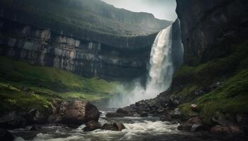 majestuoso montaña rango, fluido agua, natural belleza, aventuras espera generado por ai foto