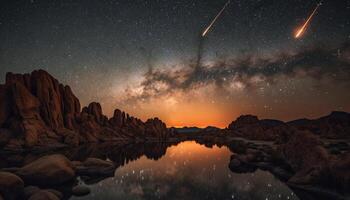 Majestic mountain peak reflects star trail in tranquil blue water generated by AI photo