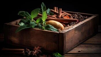 Organic spice box Fresh anise, clove, and nutmeg for gourmet cooking generated by AI photo