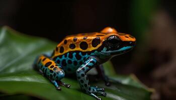 Endangered poison arrow frog sits on green leaf in terrarium generated by AI photo