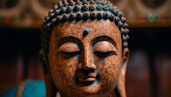 Wooden statue of Buddha, symbol of peace and spirituality generated by AI photo