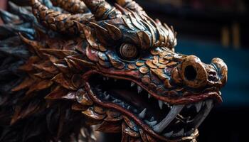 Dragon sculpture with animal head and multi colored decoration symbolizes spirituality generated by AI photo