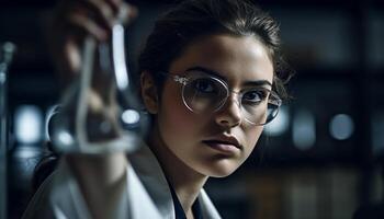 Confident young businesswoman sitting in office, looking at camera generated by AI photo