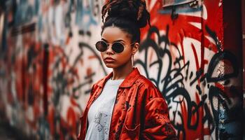 joven mujer en Gafas de sol exuda confianza y elegancia en ciudad generado por ai foto