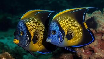 Multi colored school of fish swim in vibrant coral reef below generated by AI photo