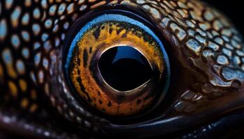 Shiny fish eye reflects blue circle in underwater reef portrait generated by AI photo