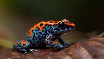 Spotted poison arrow frog sitting on leaf, looking away generated by AI photo