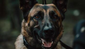 Purebred canine security guard sitting on grass, looking at camera generated by AI photo