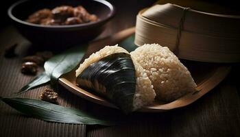 Steamed dumplings in a wooden basket, a Chinese delicacy generated by AI photo