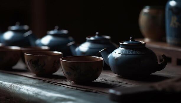rústico cocina conjunto loza de barro taza, tetera, y cuenco en de madera mesa generado por ai foto