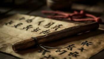 antiguo caligrafía en pergamino, un testamento a chino cultura generado por ai foto