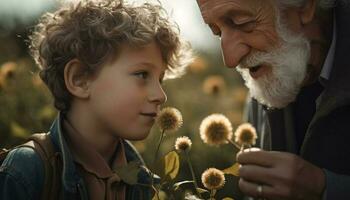 Grandfather and grandson bond over nature, blowing dandelions playfully generated by AI photo