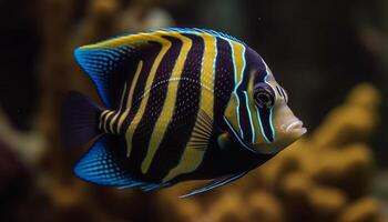 Yellow clown fish in striped reef, beauty in natural motion generated by AI photo