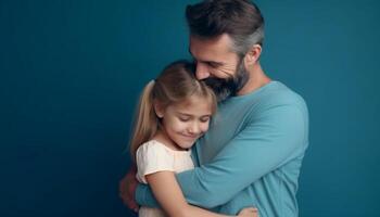 familia amor padre abrazando hija, sonriente a cámara, participación hijo generado por ai foto