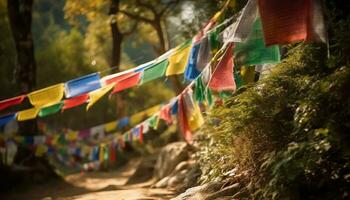 Prayer flags flutter in tranquil Tibetan mountain landscape, symbolizing spirituality generated by AI photo