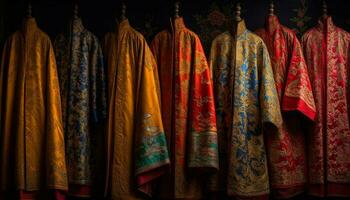 Indigenous silk garment collection in vibrant yellow, blue and multi colored generated by AI photo