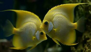 Vibrant school of striped fish in beautiful underwater reef generated by AI photo