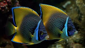 Vibrant school of damselfish swim in coral reef below water generated by AI photo