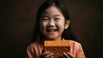 niños participación dulce, comiendo postre, mirando alegre en estudio Disparo generado por ai foto