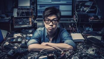 Young Caucasian technician repairing broken computer part with confidence generated by AI photo