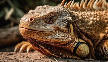 Green iguana crawling on branch in tropical rainforest habitat generated by AI photo