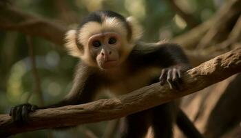 Hairy monkey eating on branch, close up portrait in forest generated by AI photo