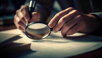 Caucasian student examining literature with magnifying glass on table generated by AI photo