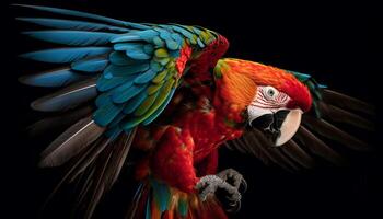 Vibrant scarlet macaw perching on branch in tropical rainforest generated by AI photo