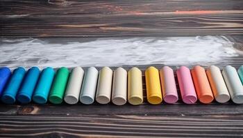 A colorful rainbow of pencils arranged on a wooden plank generated by AI photo
