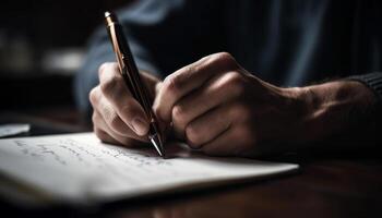 Caucasian businessman sitting at desk, reading book and taking notes generated by AI photo