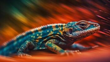 Vibrant gecko crawls on branch, its colorful scales shining generated by AI photo