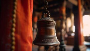 Hanging wind chime rings in old indigenous culture architecture generated by AI photo