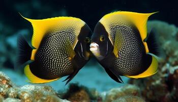 Multi colored striped clown fish in tropical reef, undersea beauty generated by AI photo